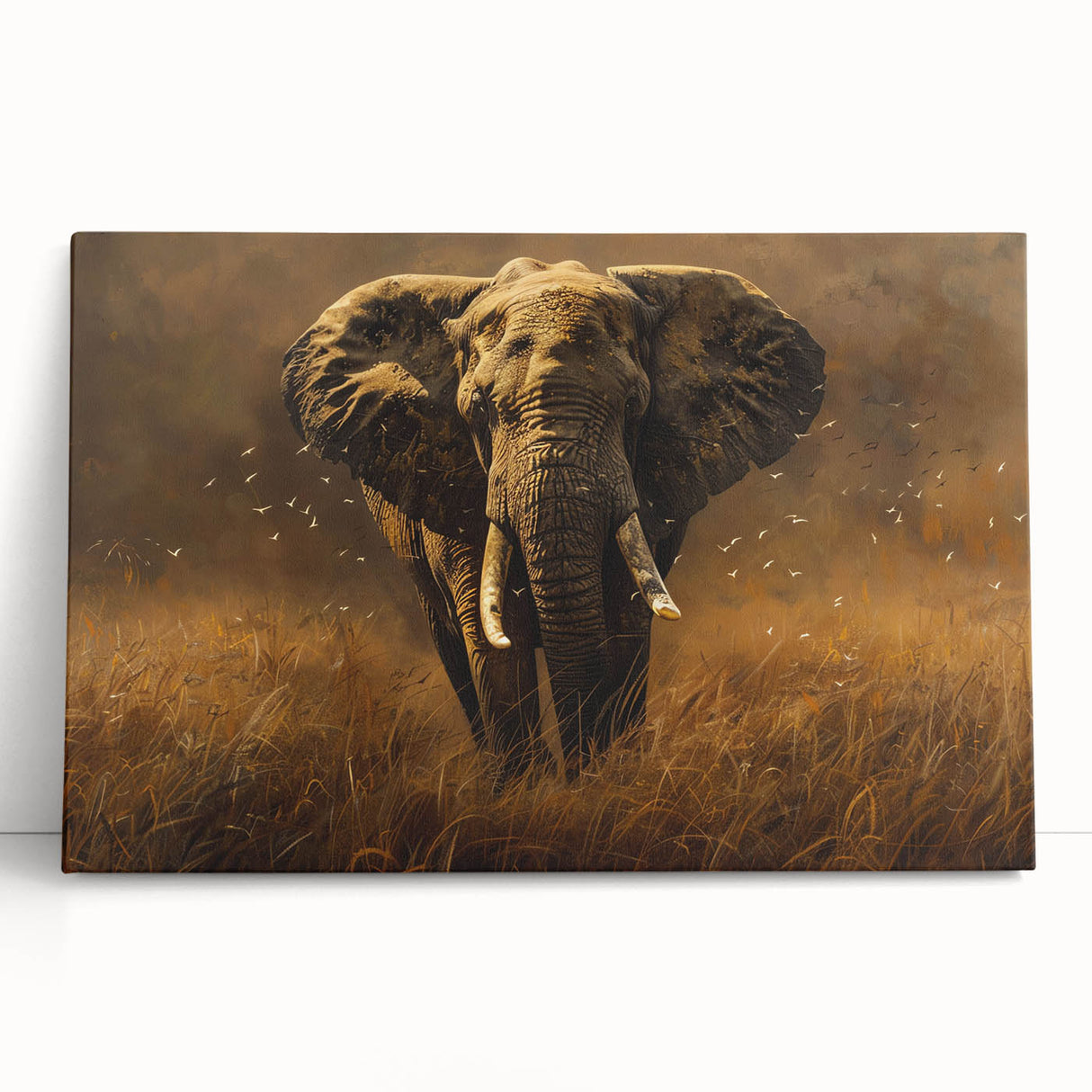 Stretched canvas featuring a vibrant elephant design in a wild landscape, showcasing intricate details and rich colors, perfect for animal lovers' decor.