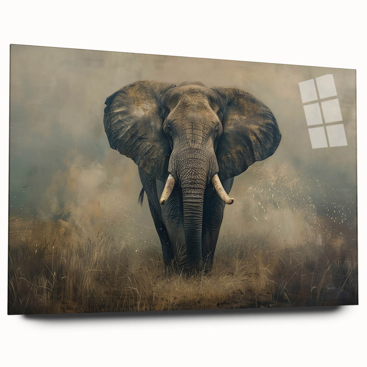 Elegant side view of an acrylic glass wall art piece showcasing a detailed elephant design, highlighting intricate textures and vibrant colors, perfect for wildlife enthusiasts.