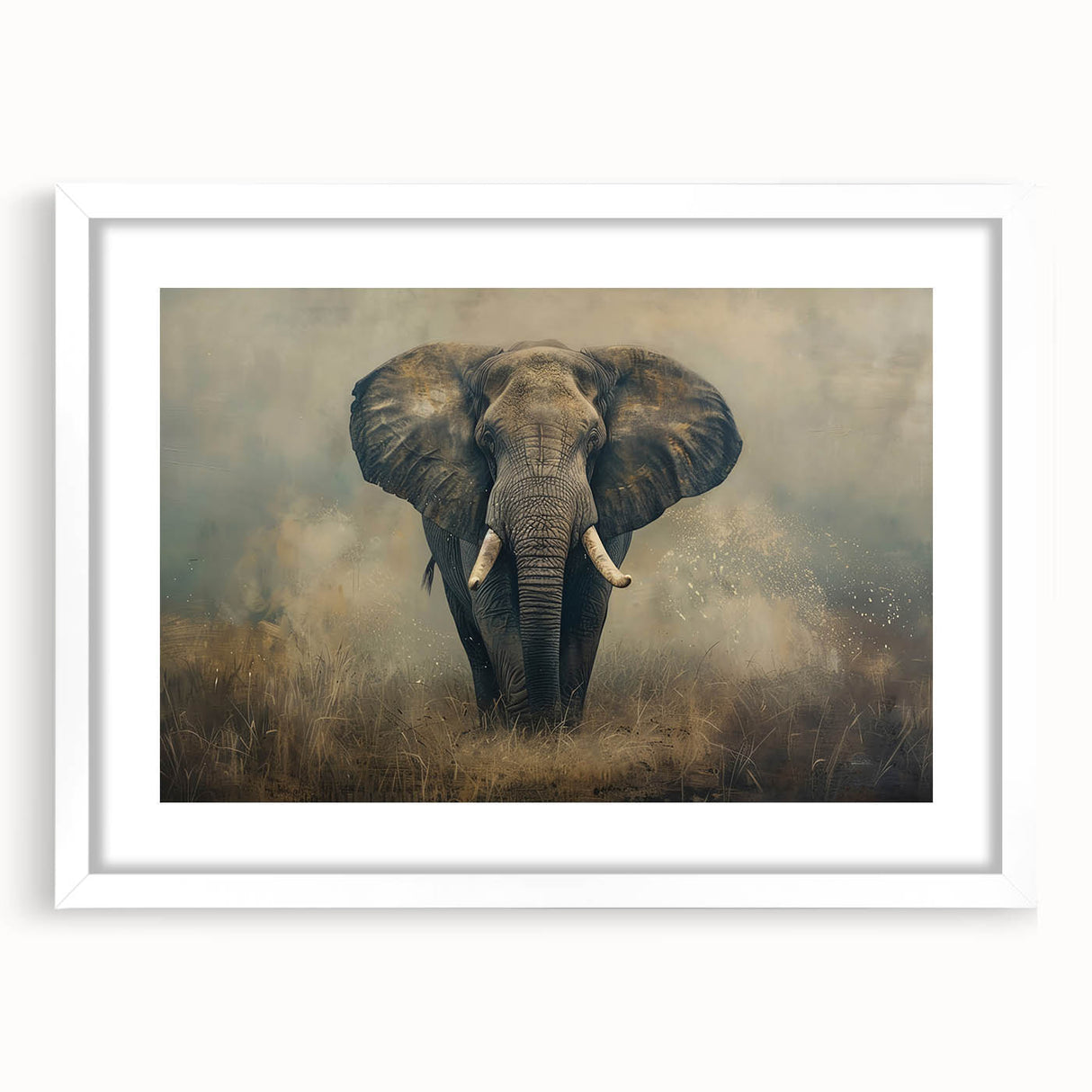 Framed wall art featuring a majestic elephant design in a white mat, perfect for wildlife enthusiasts, adding a touch of nature to any decor.