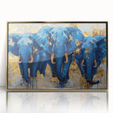 Framed wall art featuring a majestic elephant design in gold accents, set against a textured background, perfect for wildlife enthusiasts and modern decor.
