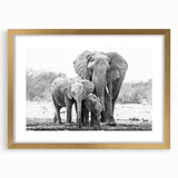 Framed wall art featuring a majestic elephant design in gold and black, set against a textured background, ideal for wildlife enthusiasts and home decor.