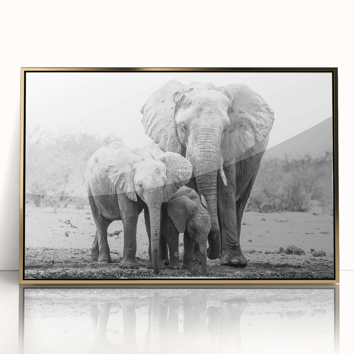 Framed wall art featuring a stunning gold-accented elephant design, showcasing intricate details and textures, perfect for enhancing home decor with a touch of wildlife elegance.