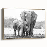 Framed canvas wall art showcasing a majestic side view of an elephant, adorned with intricate gold accents, perfect for wildlife enthusiasts and home decor.