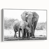 Framed canvas wall art featuring an elegant side view of an African elephant, showcasing intricate details and a serene color palette, perfect for wildlife decor.