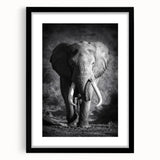 Black-framed wall art featuring a detailed illustration of an elephant, showcasing intricate lines and textures, perfect for wildlife enthusiasts and modern decor.