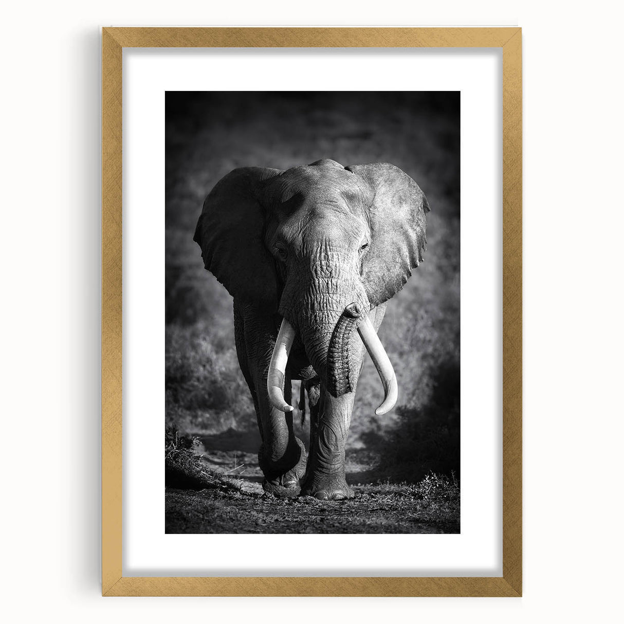Elegant gold-framed wall art showcasing a majestic elephant design, set against a minimalist backdrop. Ideal for nature lovers and modern home decor enthusiasts.