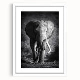 Framed wall art featuring a majestic grey elephant design on a white mat, set in a sleek black frame, perfect for wildlife enthusiasts and home decor.