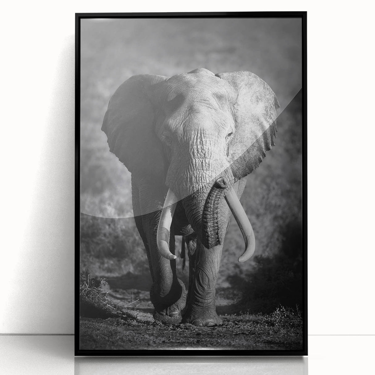 Framed wall art featuring a striking black acrylic design of an elephant, showcasing intricate details and textures, perfect for wildlife enthusiasts and home decor.