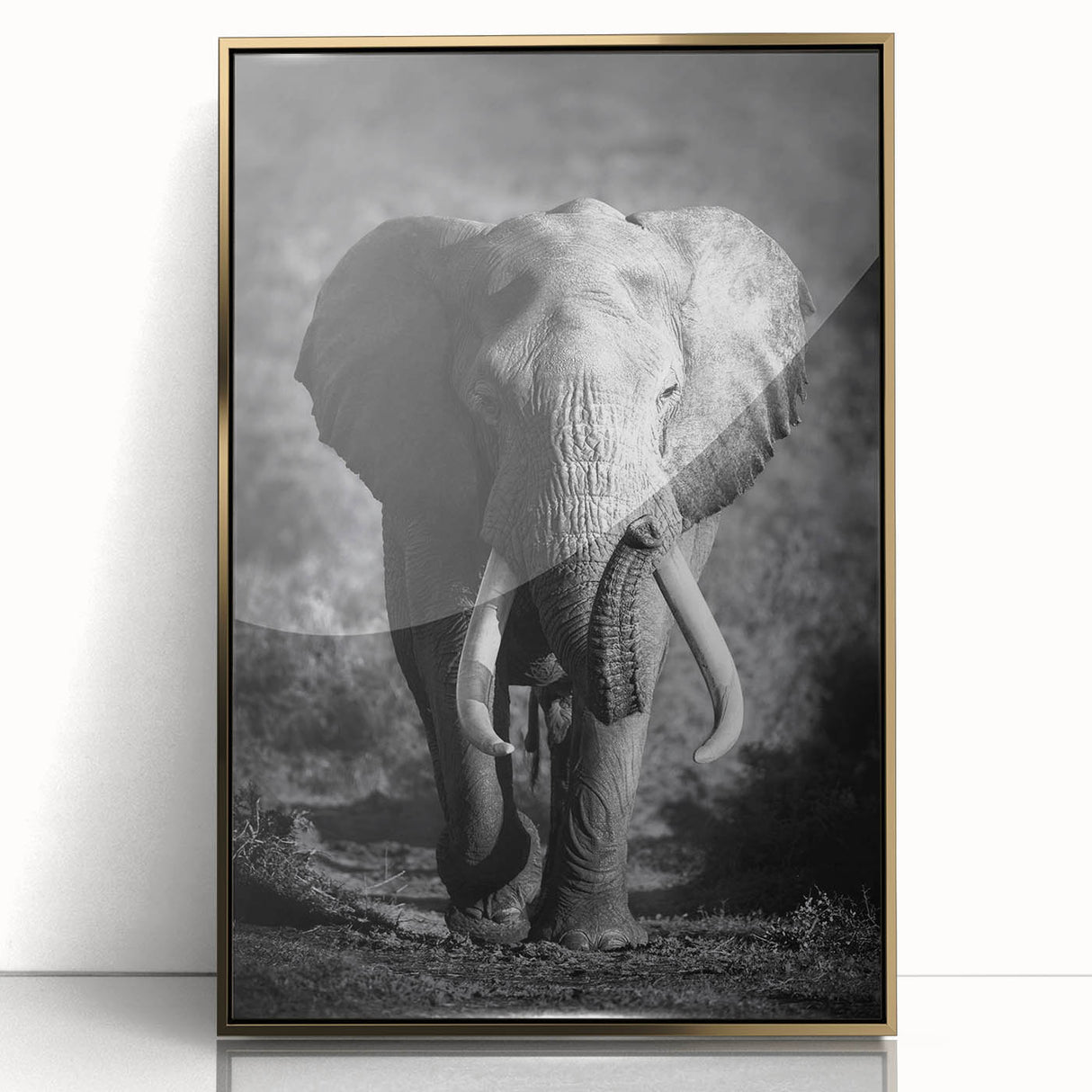 Framed wall art featuring a majestic elephant design in vibrant colors, showcasing intricate details and a gold-accented frame, perfect for wildlife enthusiasts.