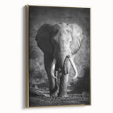 Framed canvas wall art showcasing a majestic side view of an elephant, designed with intricate gold accents, perfect for nature-themed home decor.