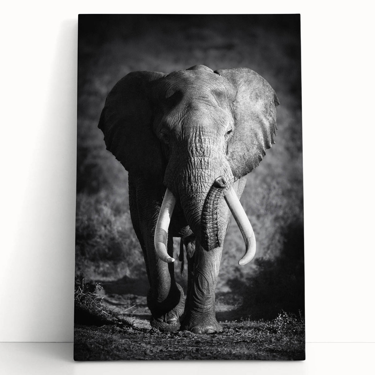 Elephant-themed stretched canvas wall art featuring a vibrant, colorful design, showcasing intricate details and textures, perfect for wildlife enthusiasts' decor.
