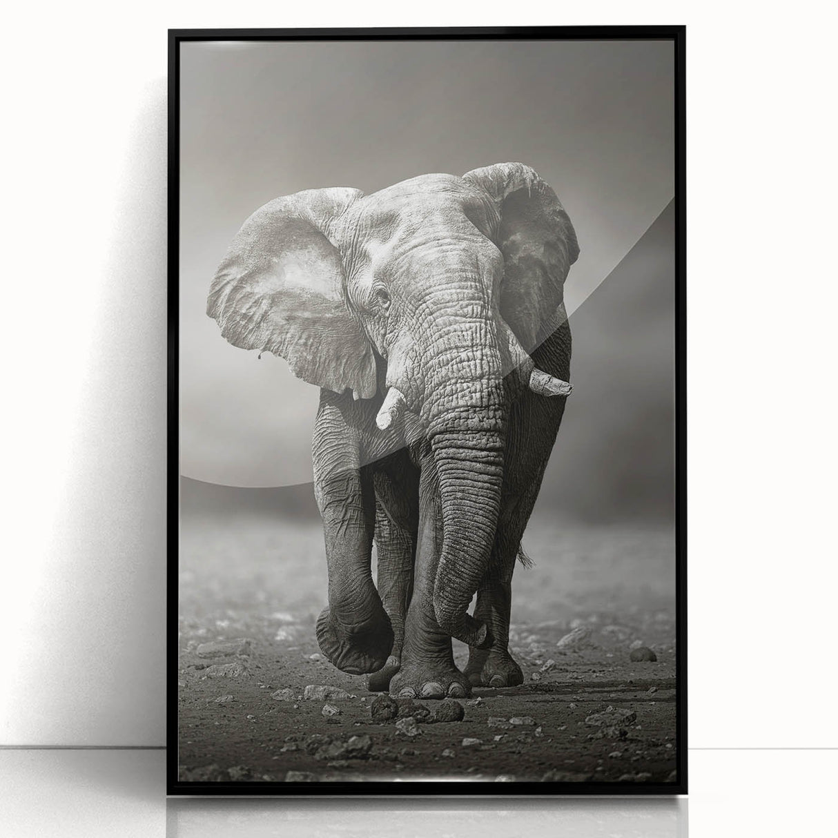 Framed acrylic wall art featuring a majestic elephant design in a black frame, ideal for wildlife enthusiasts and home decor, enhancing any interior space.
