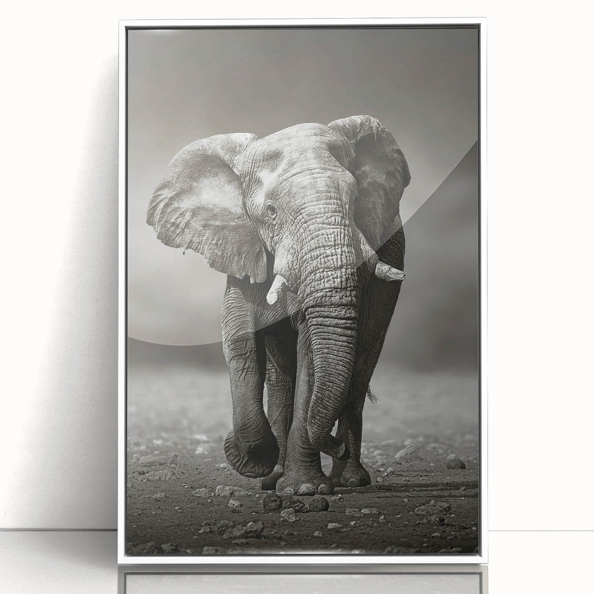Framed wall art featuring a stunning elephant design in vibrant colors, displayed in a sleek white frame, perfect for wildlife enthusiasts and home decor.