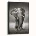 Framed canvas wall art showcasing a majestic side view of an elephant in a black and white design, perfect for wildlife-themed decor.