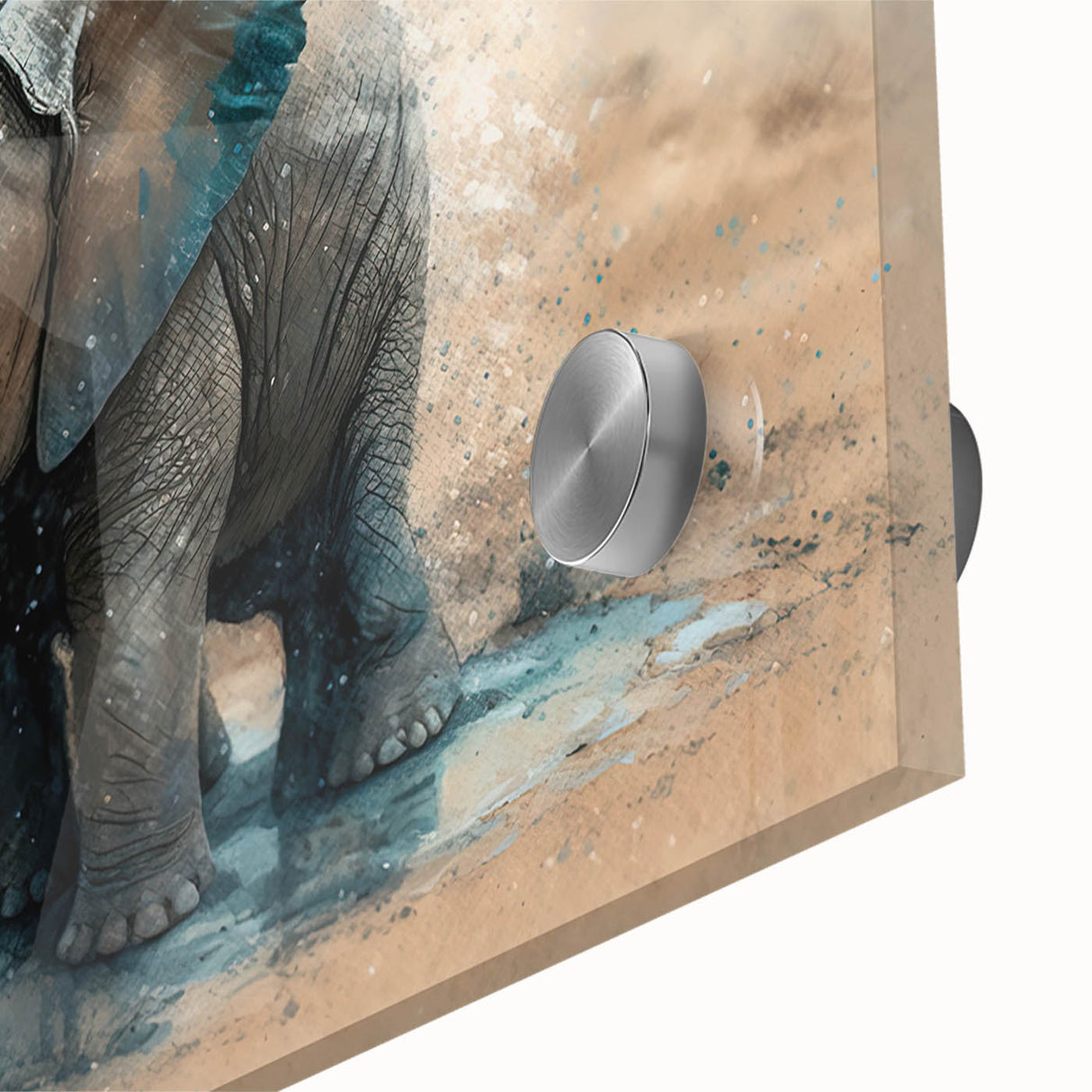 Close-up of an acrylic glass wall art piece showcasing a vibrant elephant design, featuring detailed textures and colors, ideal for wildlife enthusiasts and home decor.