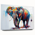 Side view of an acrylic glass wall art piece showcasing a vibrant elephant design, part of a wildlife collection, featuring intricate details and colorful accents.