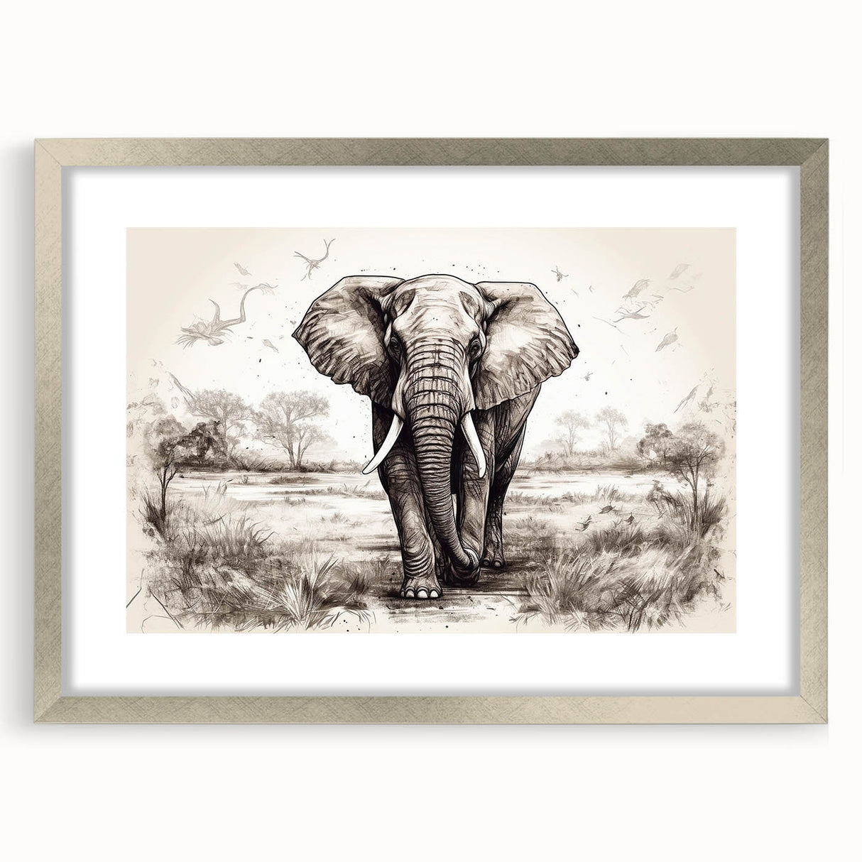 Framed wall art featuring a striking elephant design in silver tones, with a white mat, perfect for adding a touch of wildlife elegance to home decor.