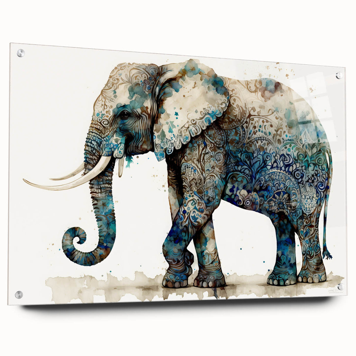 Acrylic wall art featuring a side view of a majestic elephant with intricate details, set against a vibrant background, perfect for wildlife enthusiasts and home decor.