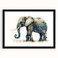 Black-framed wall art featuring a beautifully illustrated elephant design, part of a wildlife collection, showcasing intricate details and vibrant colors, perfect for home decor.