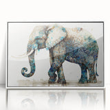 Framed wall art featuring a majestic elephant design in a striking white frame, showcasing intricate details and vibrant colors, perfect for wildlife enthusiasts.