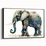 Framed wall art featuring a side view of an elegant black elephant design, showcasing intricate details and textures against a modern backdrop, perfect for wildlife-themed decor.