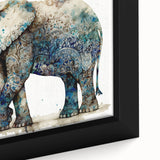 Close-up of a framed canvas wall art featuring a majestic elephant design, showcasing intricate details and textures in shades of grey and earth tones, perfect for wildlife enthusiasts and nature lovers.