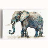 Stretched canvas wall art showcasing a majestic elephant design with intricate details, vibrant colors, and a serene background, perfect for wildlife enthusiasts.