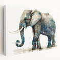 Stretched canvas wall art showcasing a side view of a majestic elephant in a natural habitat, featuring earthy tones and intricate details, perfect for wildlife enthusiasts.