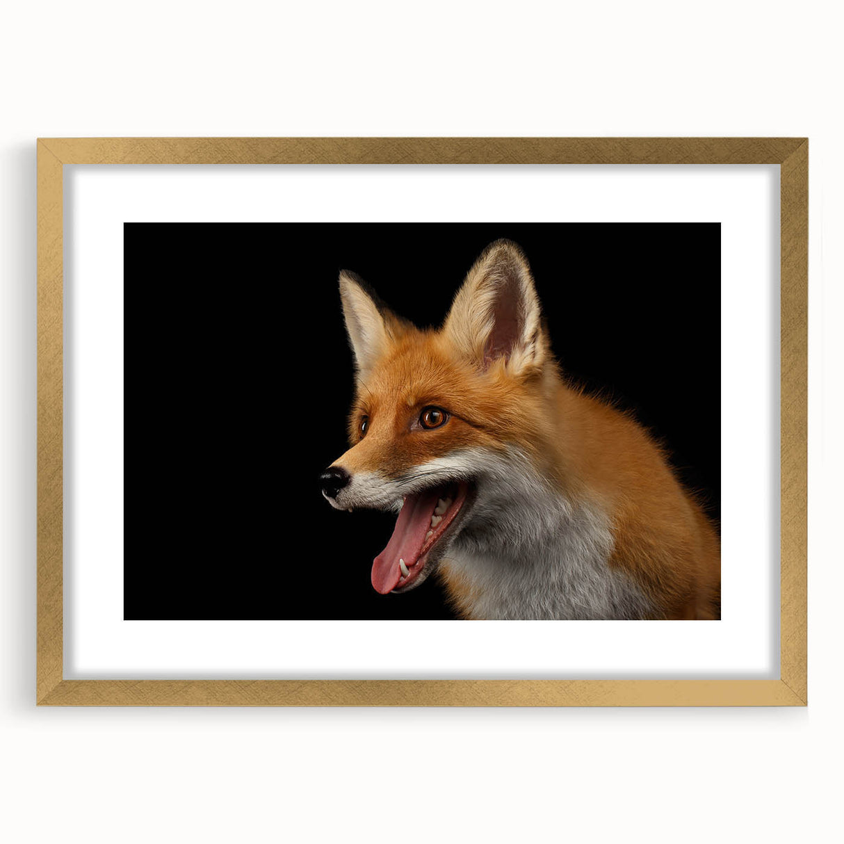 Framed wall art featuring a detailed fox design in a gold frame, complemented by a white mat, showcasing vibrant colors and intricate textures, perfect for wildlife enthusiasts.