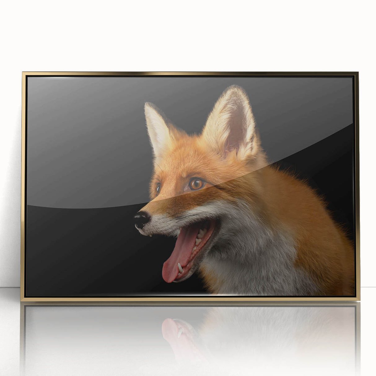 Framed acrylic wall art featuring a striking gold-accented fox design, showcasing vibrant colors and intricate details, perfect for animal lovers and modern decor enthusiasts.