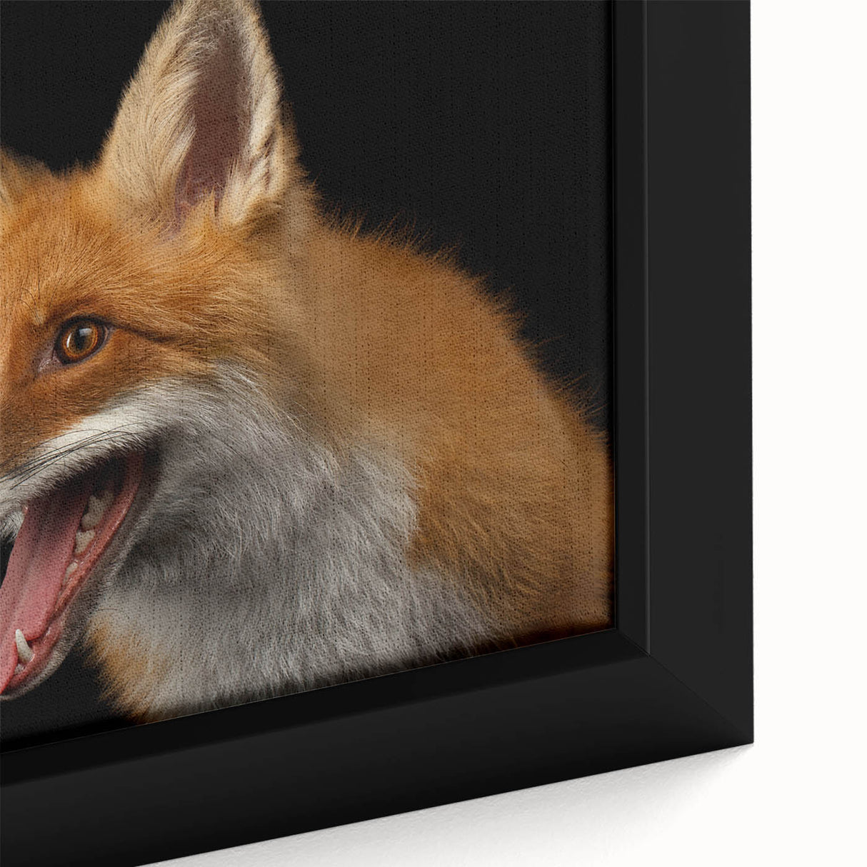 Close-up of a framed canvas wall art piece showcasing a vibrant fox design, featuring rich colors and intricate details, perfect for wildlife enthusiasts' decor.