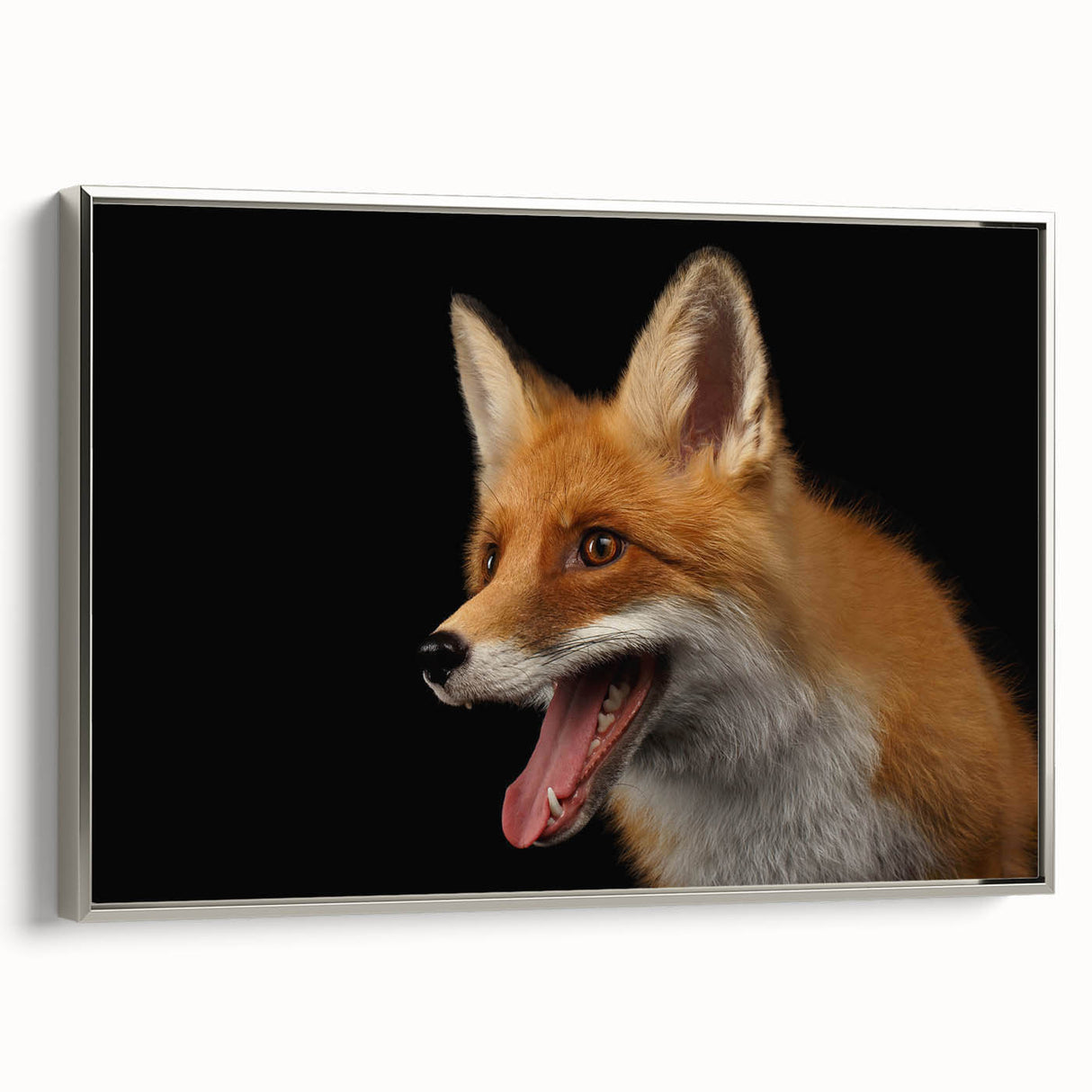 Framed canvas wall art featuring a silver side view of a stylized fox design, showcasing vibrant colors and intricate detailing, perfect for wildlife enthusiasts.
