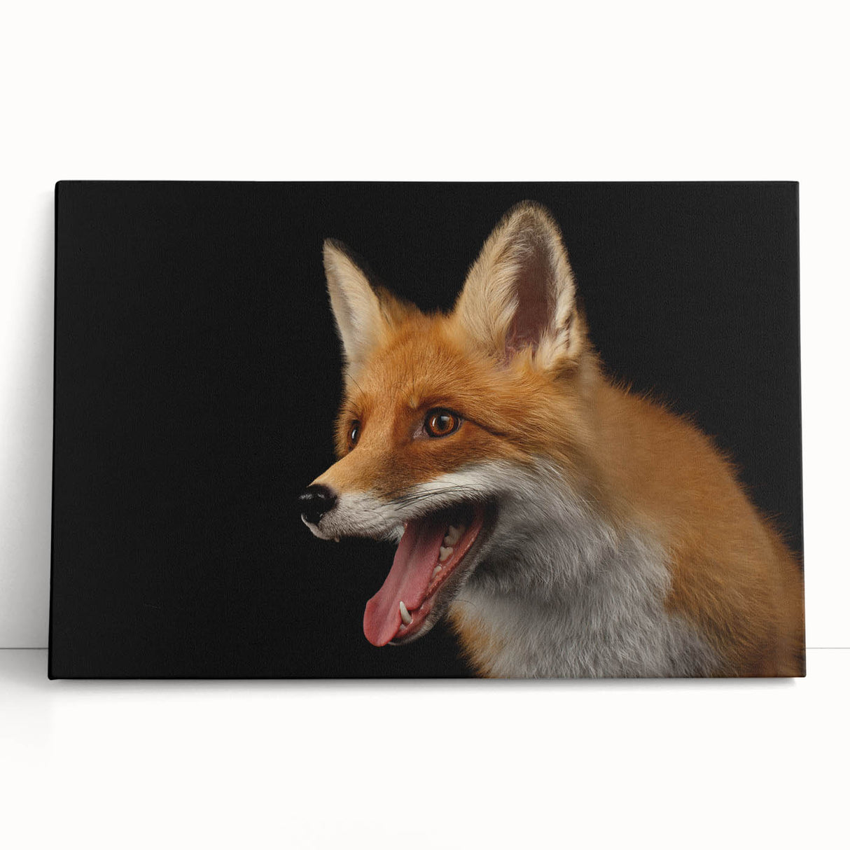 Vibrant stretched canvas wall art featuring a whimsical fox design, showcasing rich colors and intricate details, perfect for home decor or animal lovers.