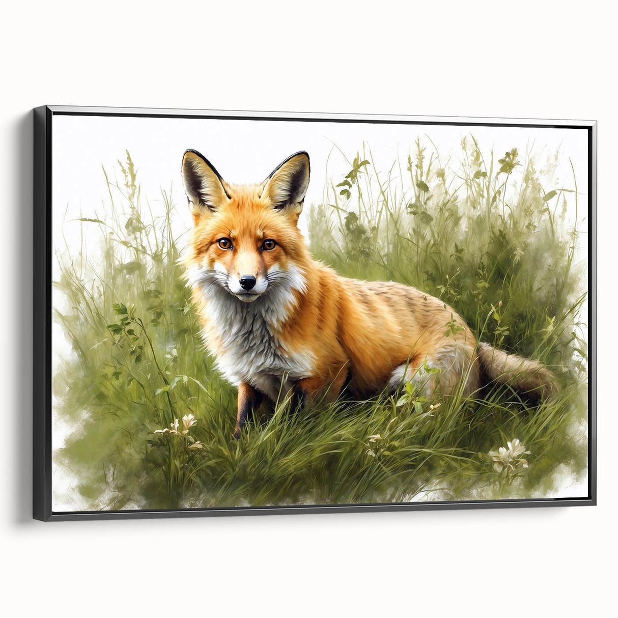Framed wall art showcasing a striking fox design from the 'Animals A Wild Life' collection, featuring a black frame and a side view angle, perfect for nature-themed decor.