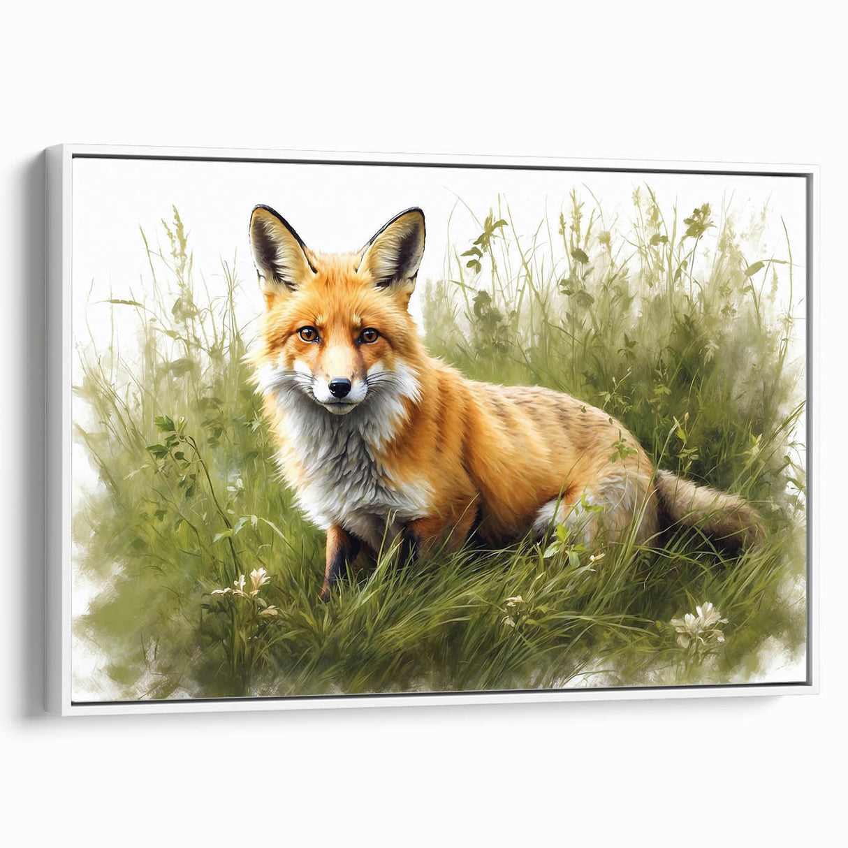 Framed canvas wall art featuring a stylish fox design, showcasing vibrant colors against a white background, perfect for modern home decor.