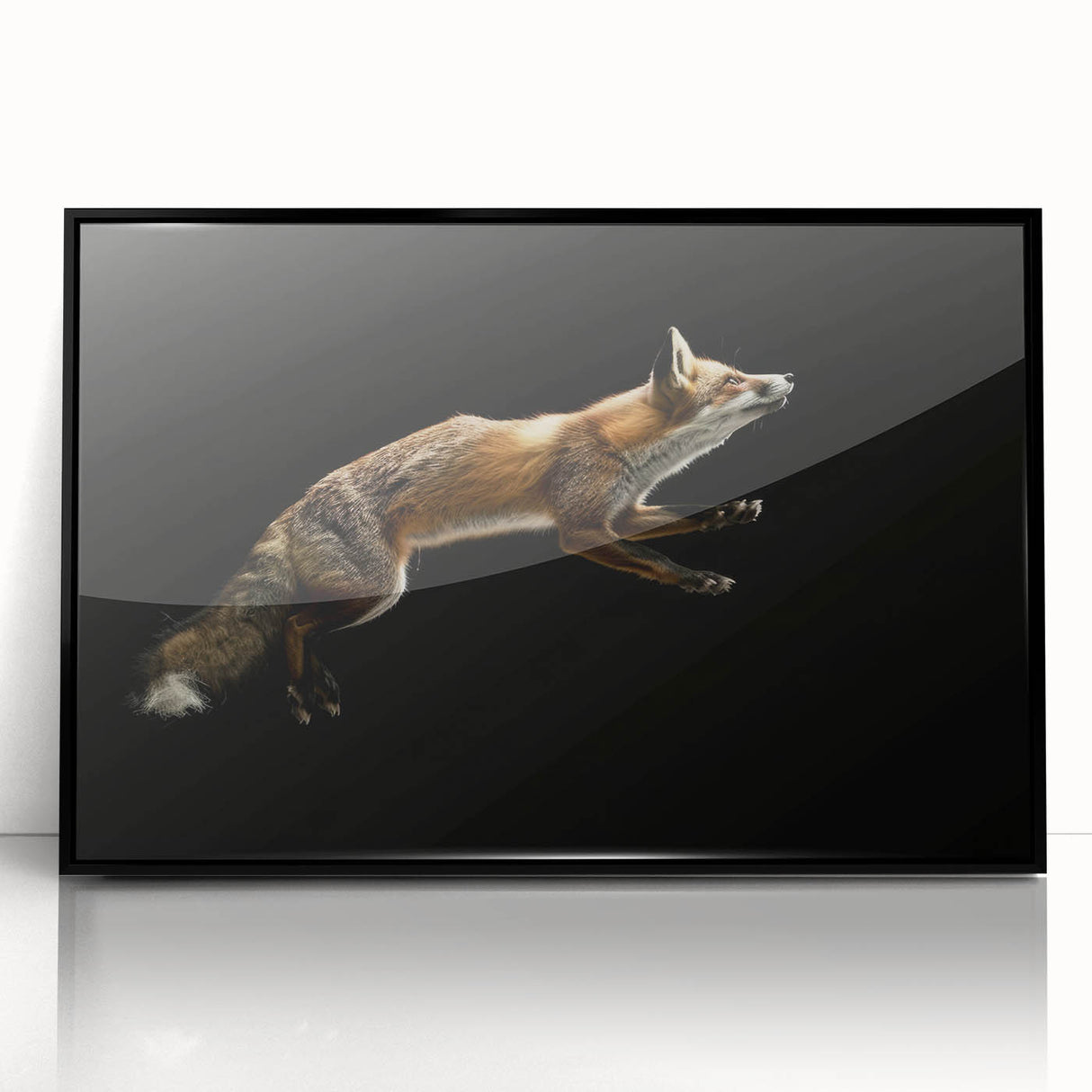 Framed acrylic wall art featuring a striking fox design in vibrant colors, showcasing a black frame with a sleek front view, perfect for wildlife enthusiasts.