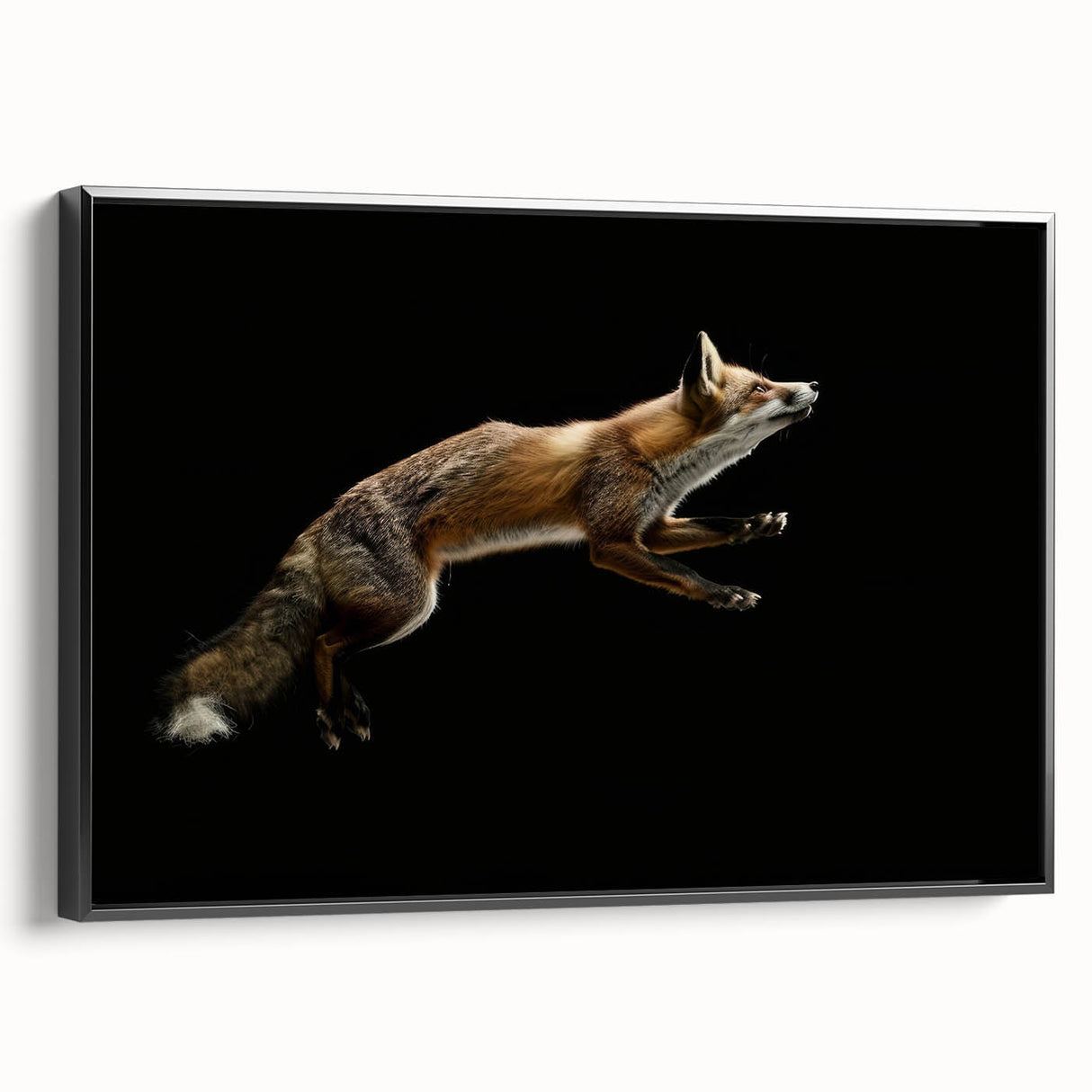 Framed wall art featuring a striking fox design in vibrant colors, displayed against a sleek black background. Ideal for animal lovers and modern decor enthusiasts.