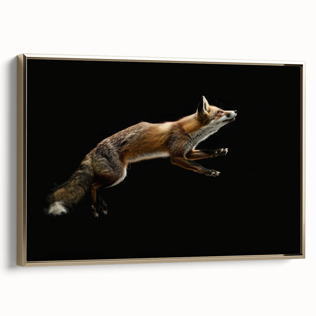 Framed canvas wall art featuring a stylish fox design in a gold frame, showcasing intricate details and vibrant colors, perfect for adding a modern touch to home decor.