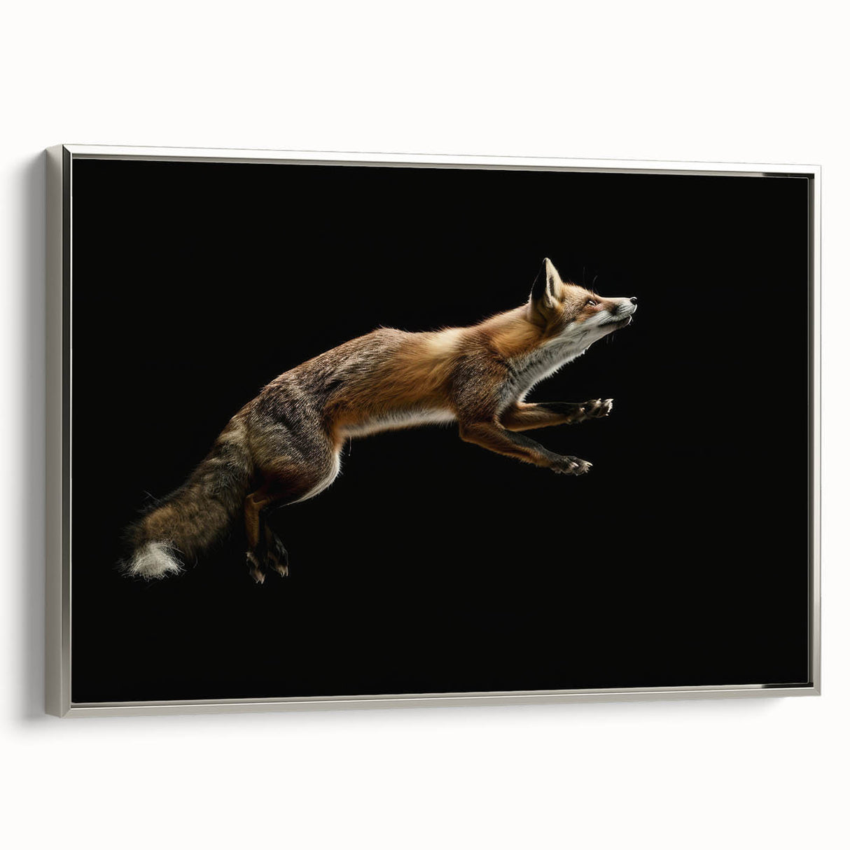 Framed wall art featuring a silver fox design on canvas, showcasing intricate details of the animal's fur and vibrant colors, perfect for nature-inspired decor.