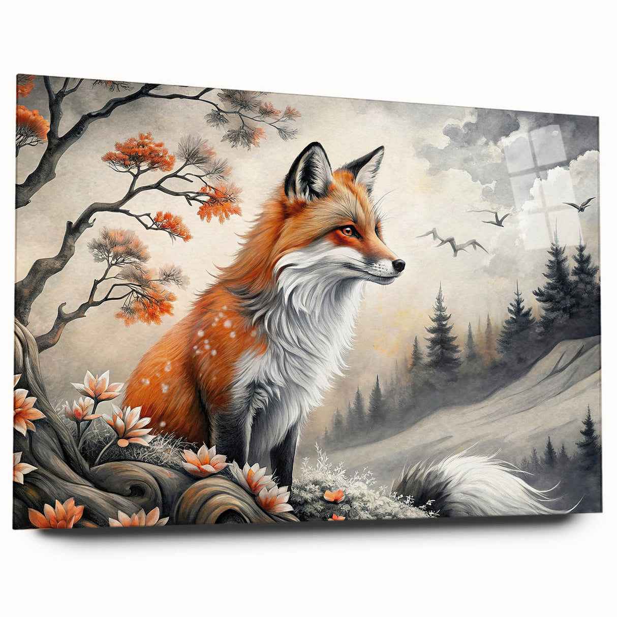 Close-up of a side view of a sleek acrylic glass wall art piece depicting a vibrant fox design, showcasing rich colors and intricate details, perfect for wildlife enthusiasts.