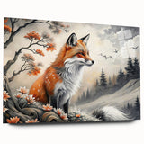 Close-up of a side view of a sleek acrylic glass wall art piece depicting a vibrant fox design, showcasing rich colors and intricate details, perfect for wildlife enthusiasts.
