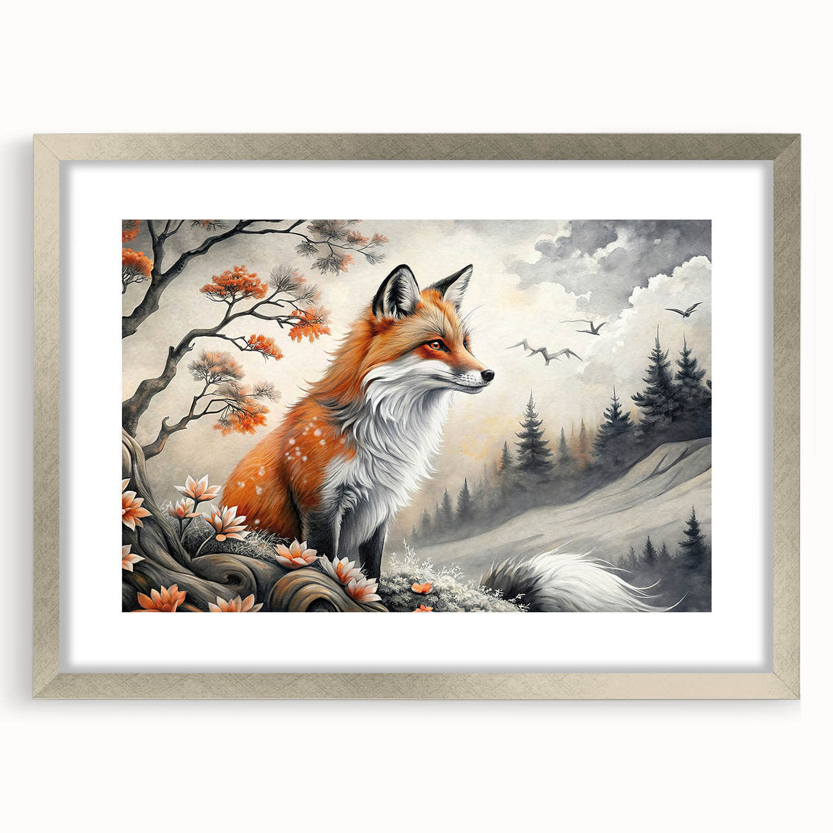 Framed wall art showcasing a beautifully illustrated fox design in a silver frame with matting, perfect for adding a touch of wildlife elegance to home decor.