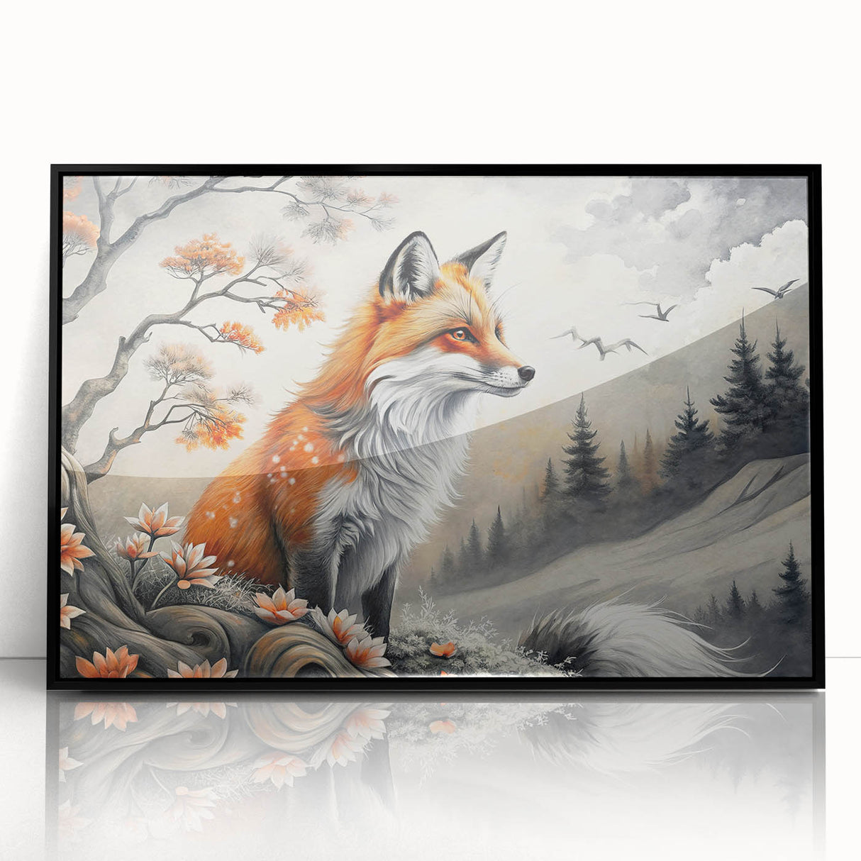 Framed acrylic wall art featuring a striking fox design from the Animals A Wild Life collection, showcased in a sleek black frame, ideal for modern decor.