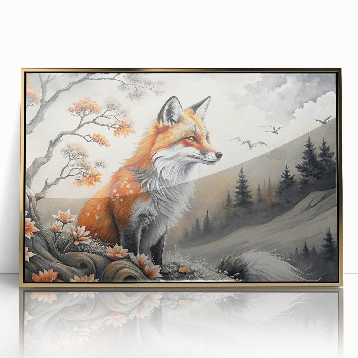 Framed acrylic wall art showcasing a stunning fox design in golden hues, perfect for wildlife enthusiasts. Ideal for stylish home decor or office settings.