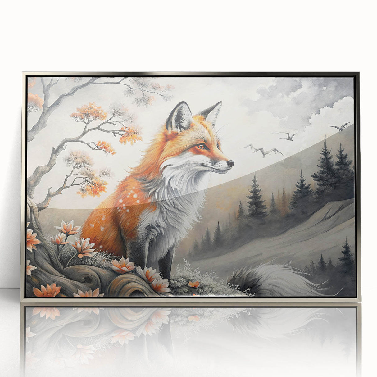 Framed acrylic wall art showcasing a vibrant fox design in a silver frame, ideal for wildlife enthusiasts and modern decor, enhancing any room's aesthetic.