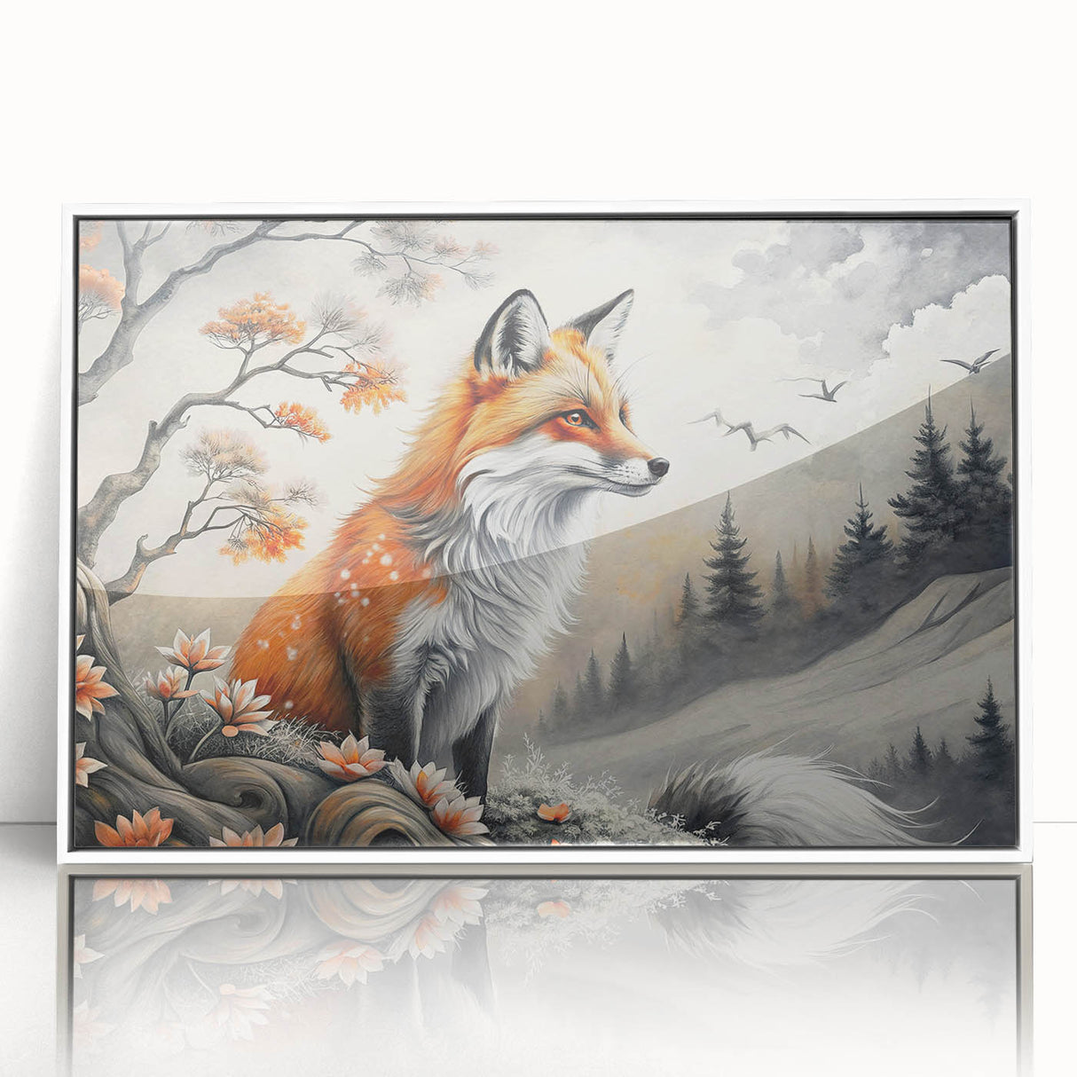 Framed acrylic wall art featuring a stylized fox design from the "Animals of the Wild" collection. The artwork showcases vibrant colors with a white frame, ideal for modern decor.