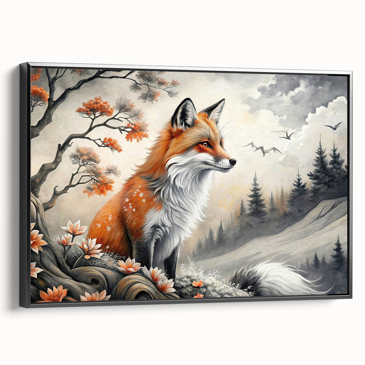 Framed canvas wall art showcasing a stylish black fox design with intricate detailing, perfect for animal lovers and modern decor enthusiasts.