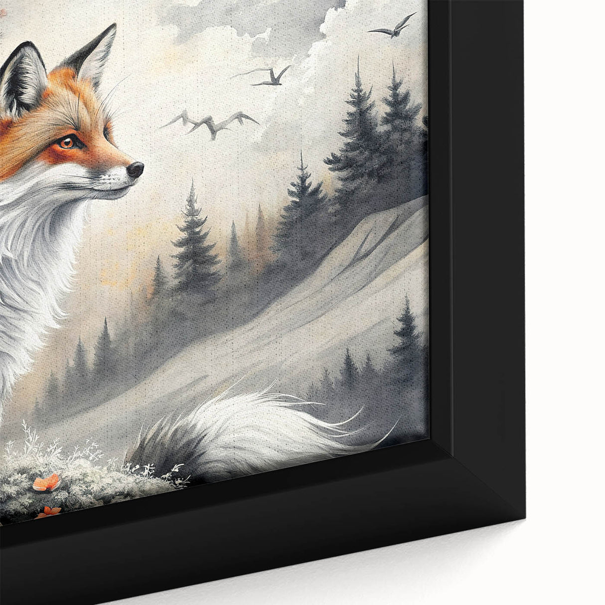 Close-up of a framed canvas wall art piece featuring a vibrant fox design in a wild, natural setting. The artwork showcases intricate details, warm colors, and adds a touch of nature-inspired decor to any room. Perfect for animal lovers and home decorators seeking unique and stylish art pieces.