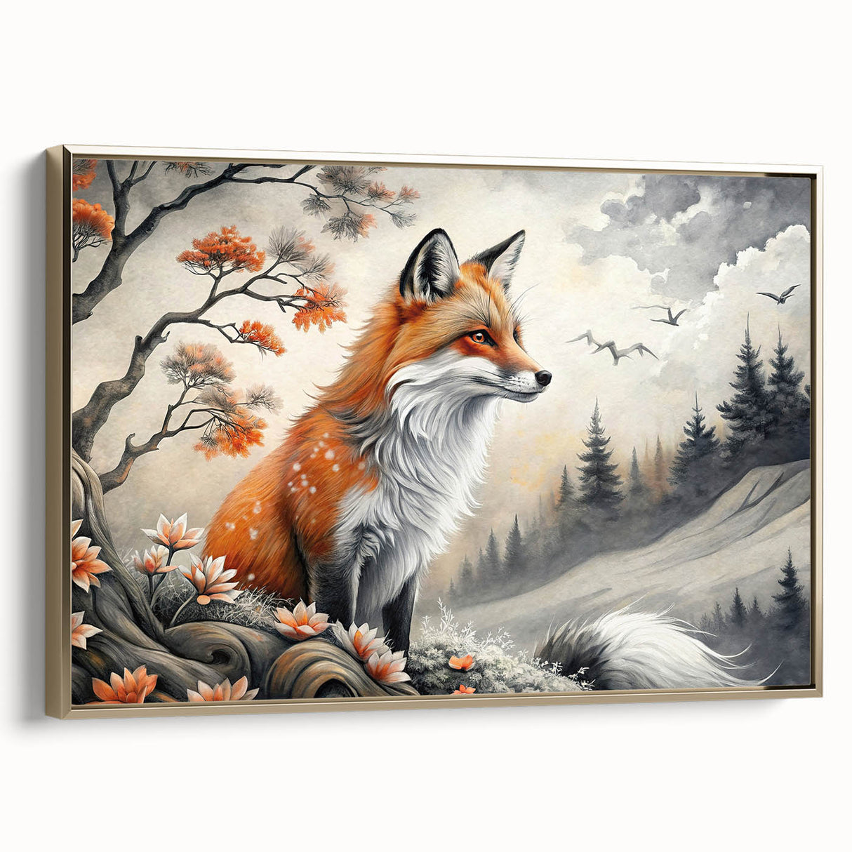 Framed canvas wall art depicting a stylized fox design with elegant gold accents, showcasing a contemporary aesthetic ideal for modern home decor.