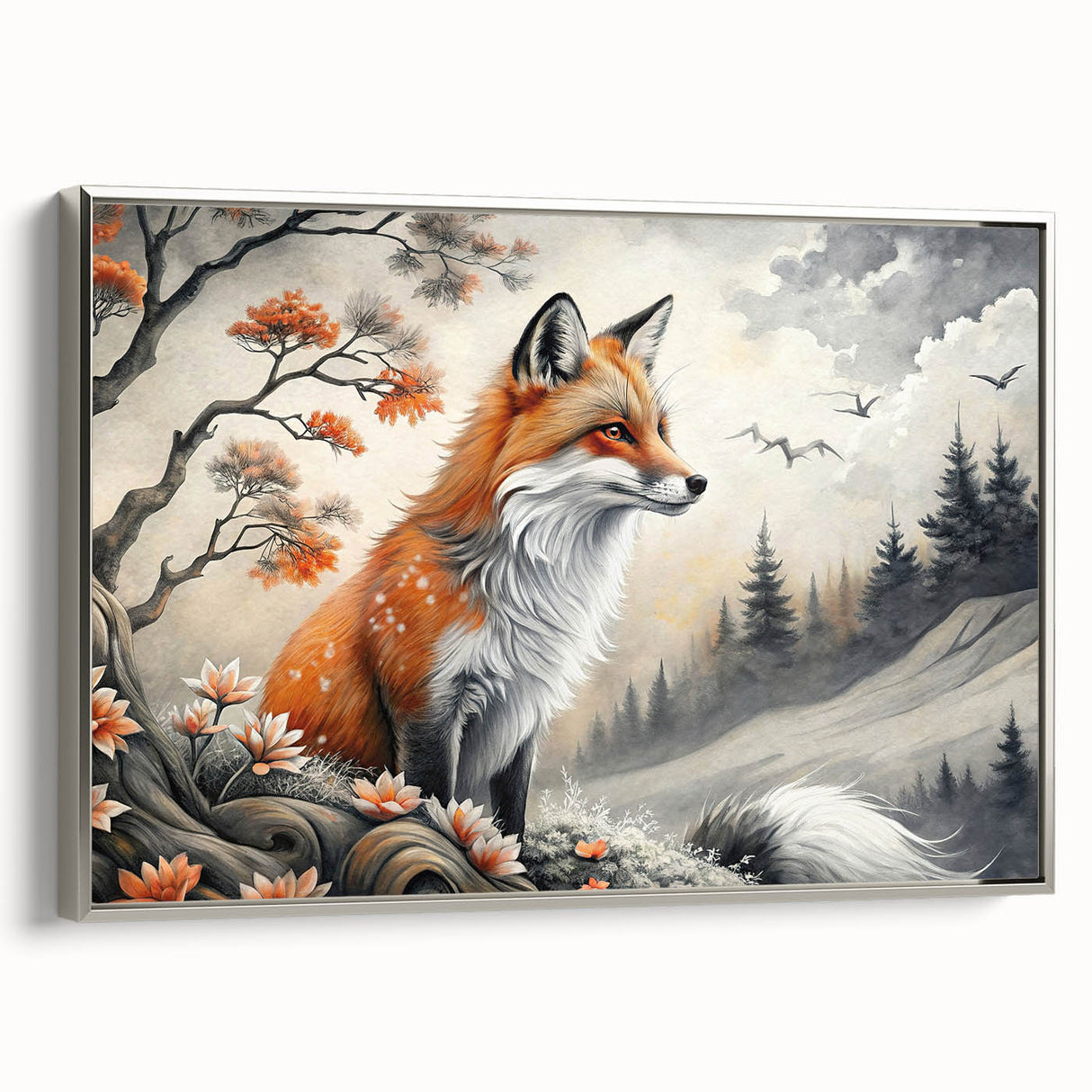 Framed canvas wall art depicting a stylized silver fox design, showcasing vibrant colors and intricate details, ideal for modern home decor and wildlife enthusiasts.
